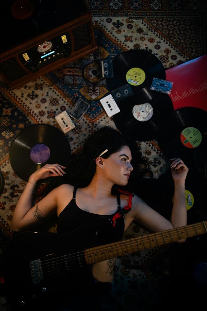 Records spread out on a rug